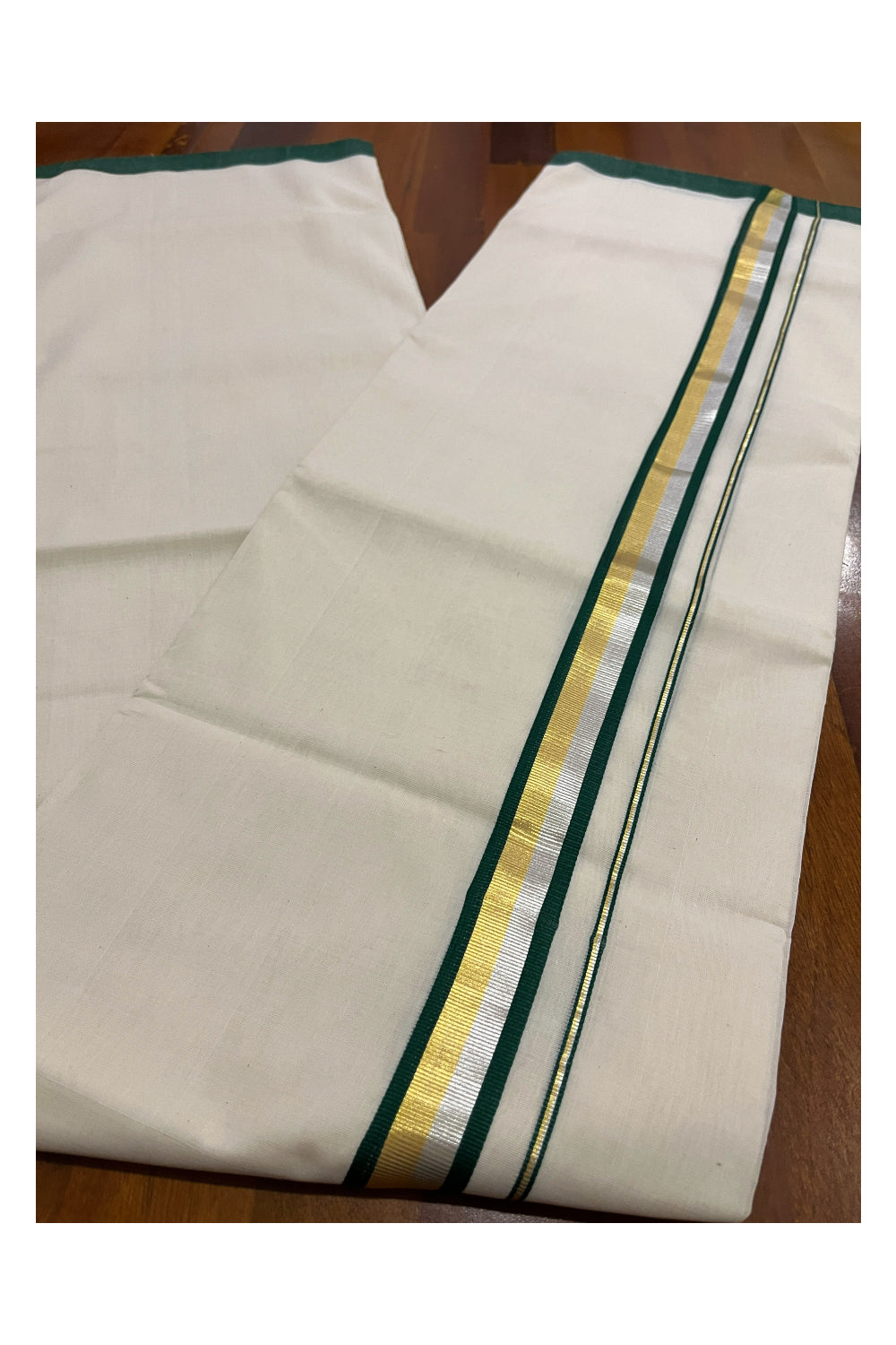 Southloom Premium Balaramapuram Unakkupaavu Handloom Mundu with Green Silver and Golden Kasavu Border (South Indian Kerala Dhoti)