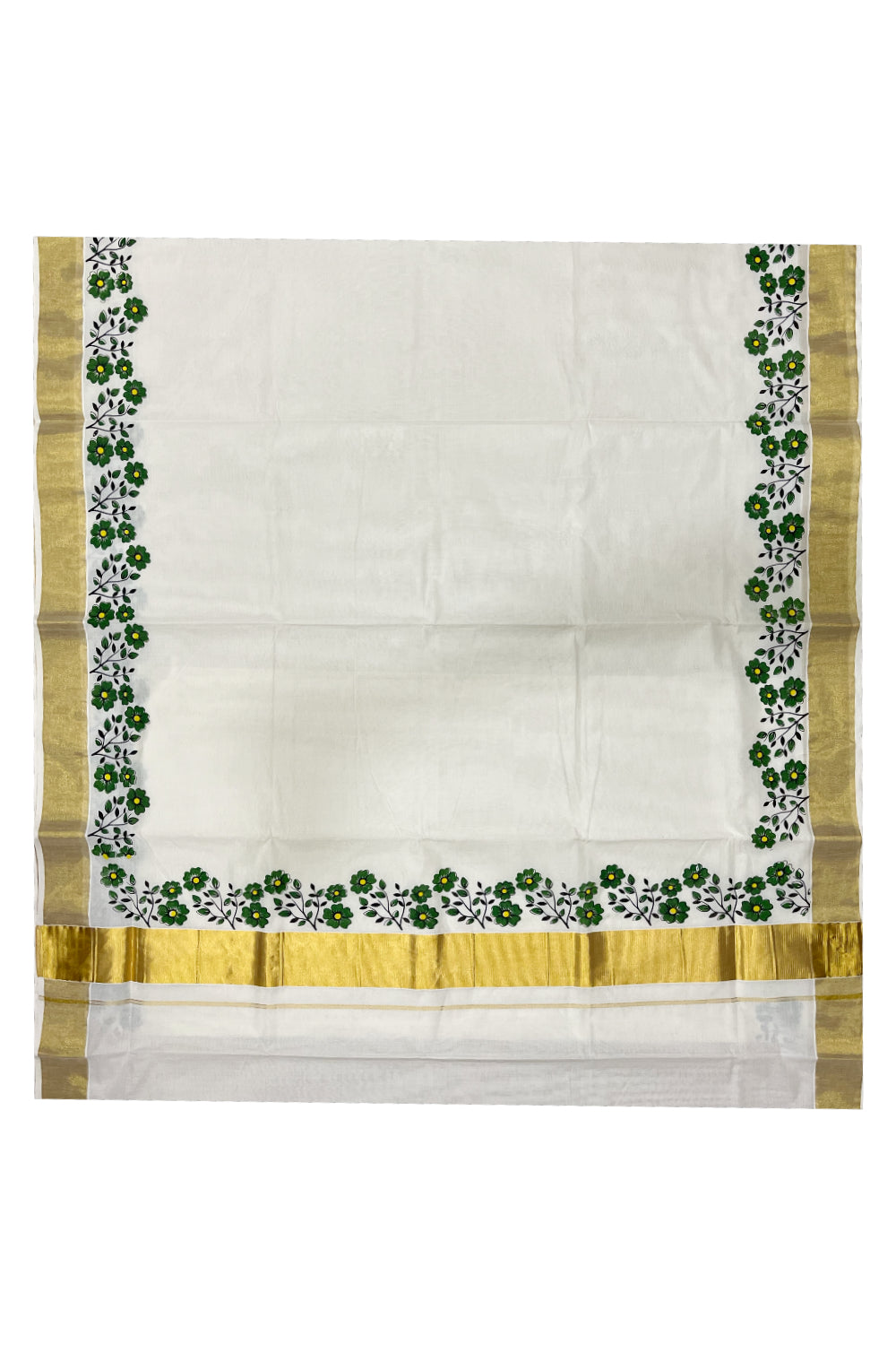 Pure Cotton Kerala Kasavu Saree with Light Green Floral Block Prints with Kasavu Border