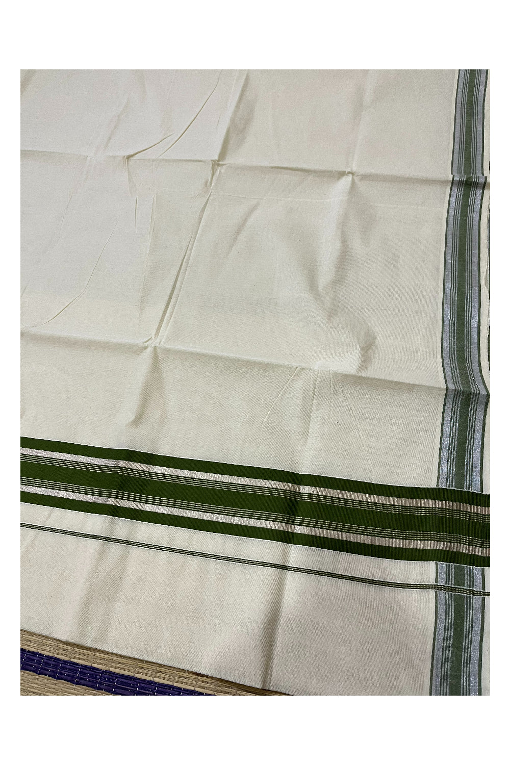 Pure Cotton Kerala Saree with Green and Silver Kasavu Border (Onam Saree 2023)