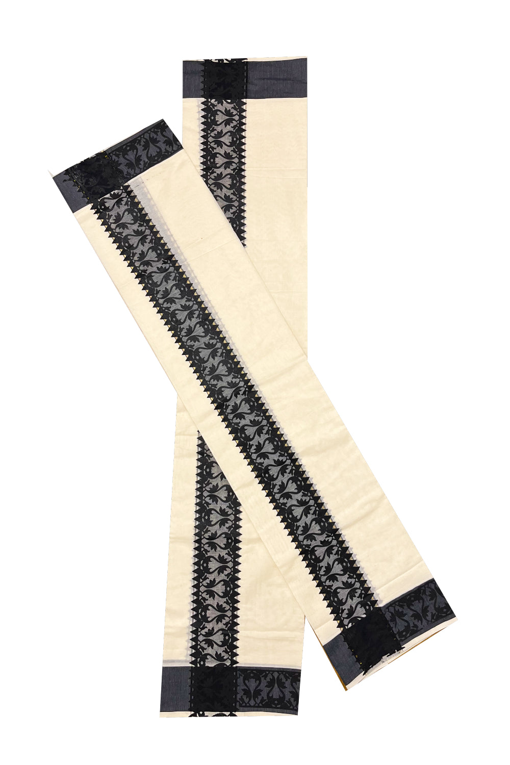 Kerala Cotton Single Set Mundu (Mundum Neriyathum) with Black Temple Block printed Border