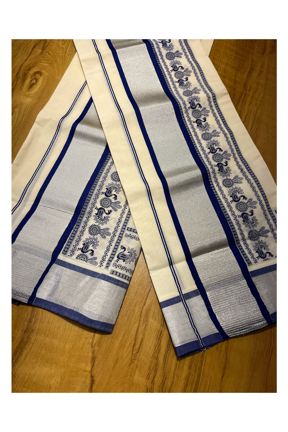 Pure Cotton Kerala Single Set Mundu (Mundum Neriyathum) with Blue Block Printed Silver Kasavu Border