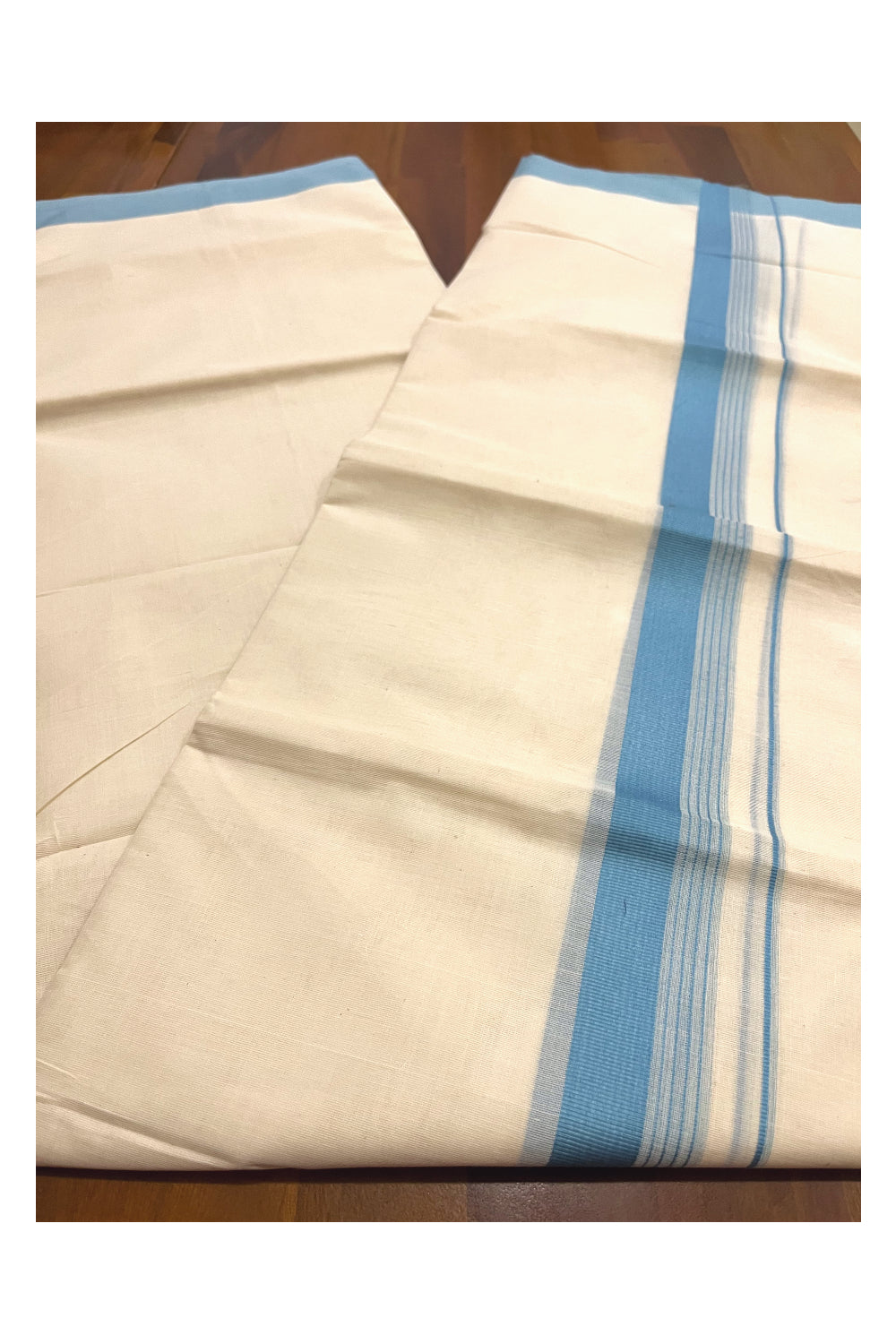 Pure Cotton 100x100 Double Mundu with Blue Border (Onam Mundu 2023)