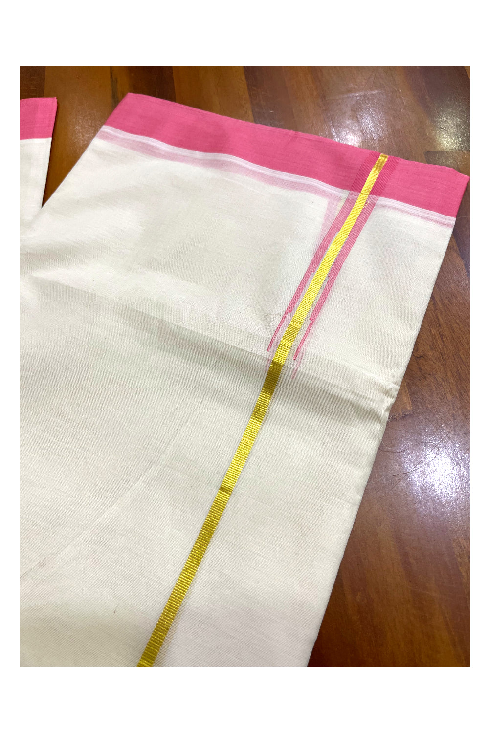 Kerala Pure Cotton Double Mundu with Kasavu Pink Chutti Kara (South Indian Kerala Dhoti)