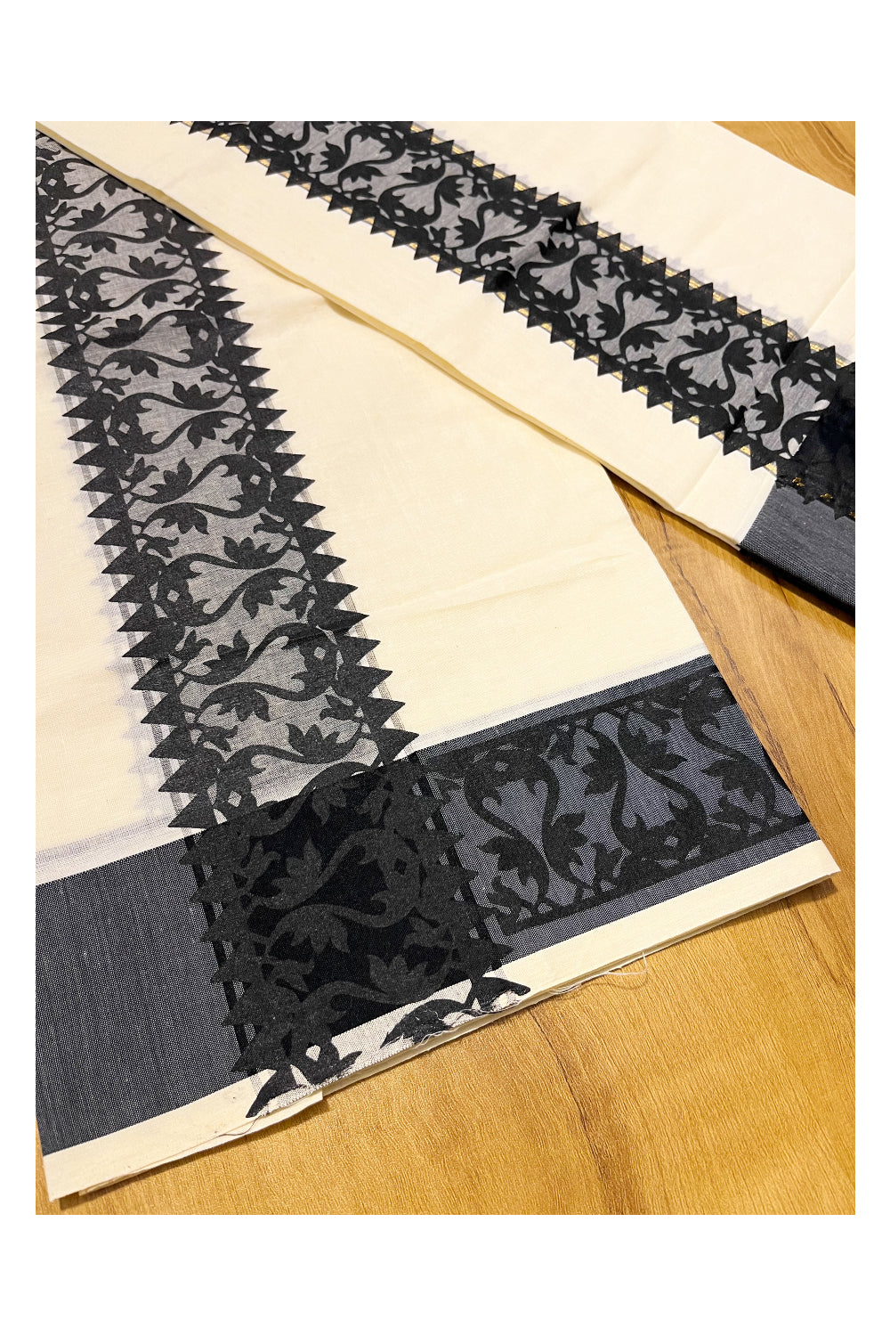 Kerala Cotton Single Set Mundu (Mundum Neriyathum) with Black Temple Block printed Border