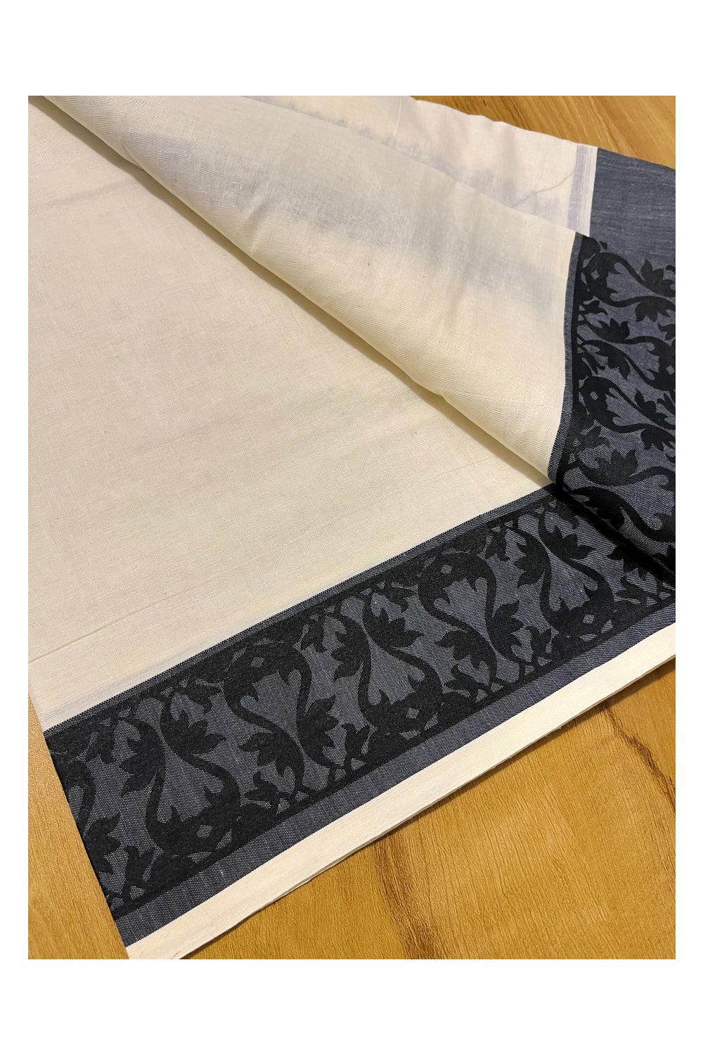 Kerala Cotton Single Set Mundu (Mundum Neriyathum) with Black Temple Block printed Border