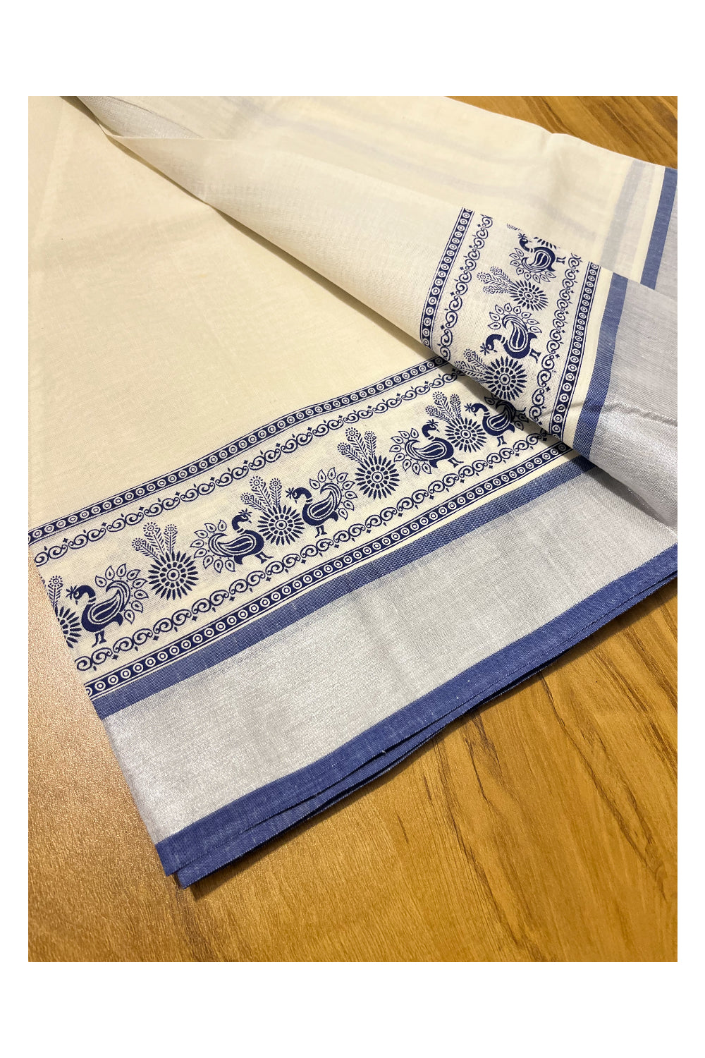 Pure Cotton Kerala Single Set Mundu (Mundum Neriyathum) with Blue Block Printed Silver Kasavu Border