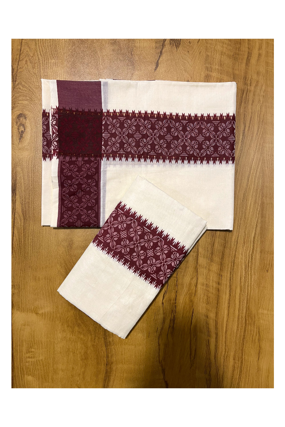 Kerala Cotton Single Set Mundu (Mundum Neriyathum) with Maroon  Block printed Border 2.80 mtr