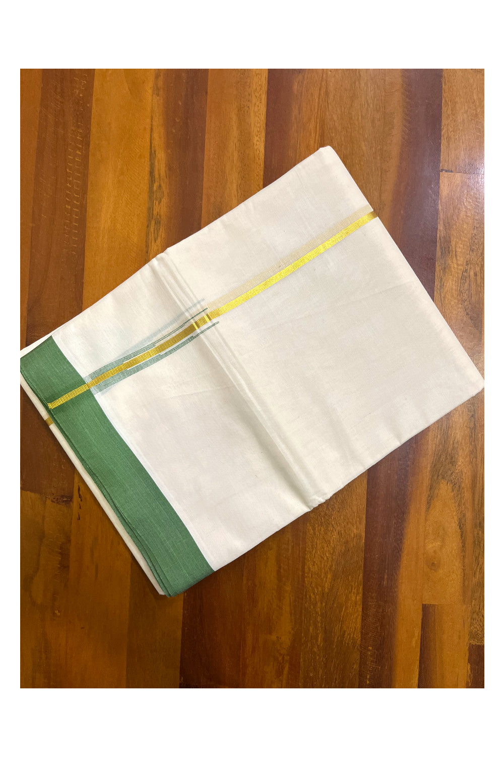 Kerala Pure Cotton Double Mundu with Kasavu Green Chutti Kara (South Indian Kerala Dhoti)