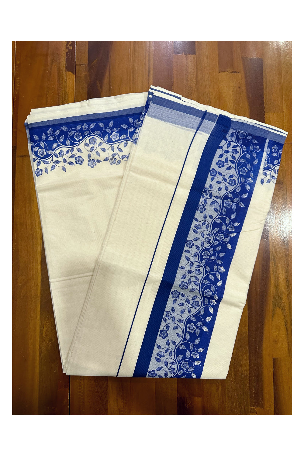 Kerala Cotton Saree with Blue Floral Block Prints on Border (Onam Saree 2023)