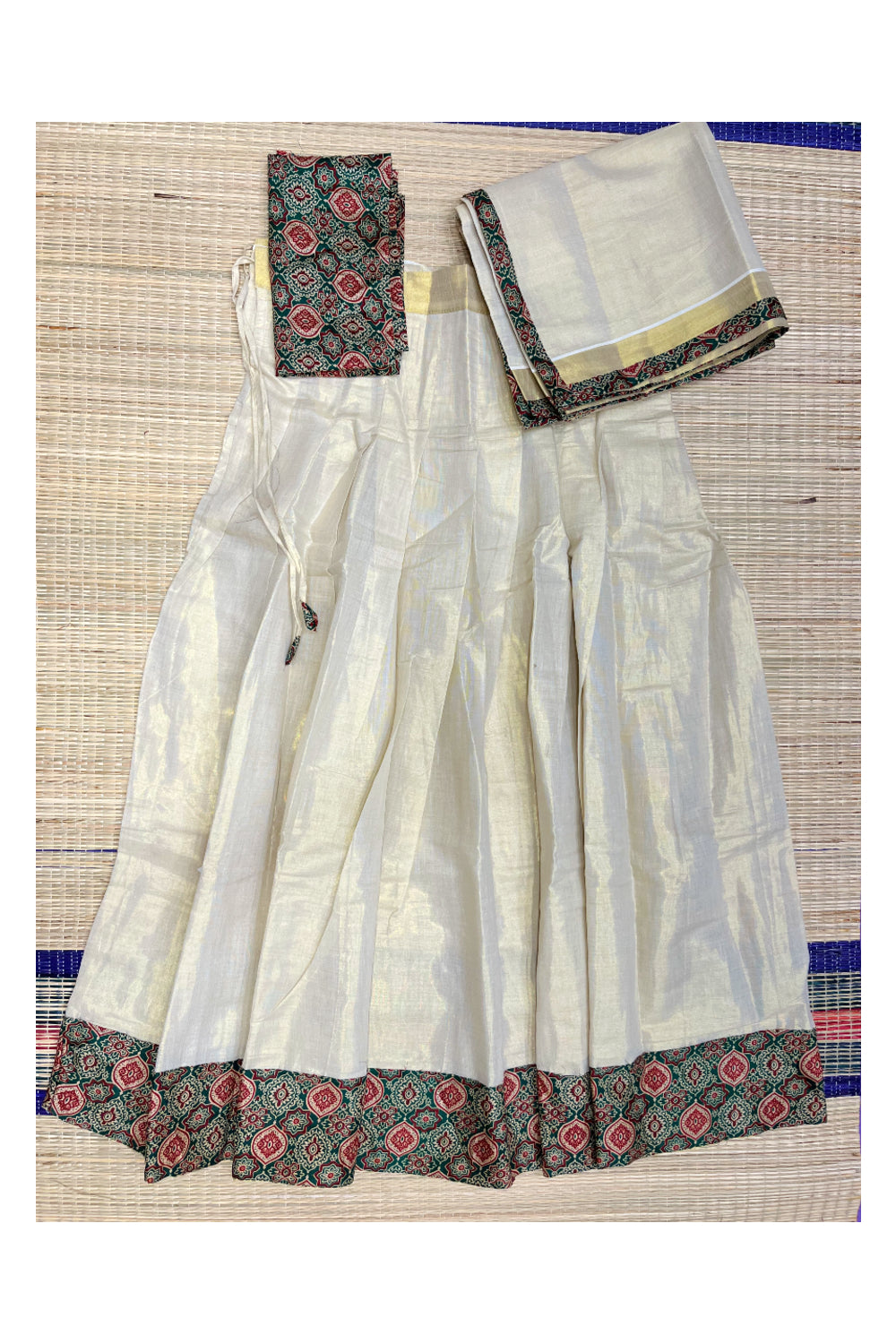 Kerala Tissue Semi Stitched Dhavani Set with Green,Red Block Prints Pavada and Blouse Piece