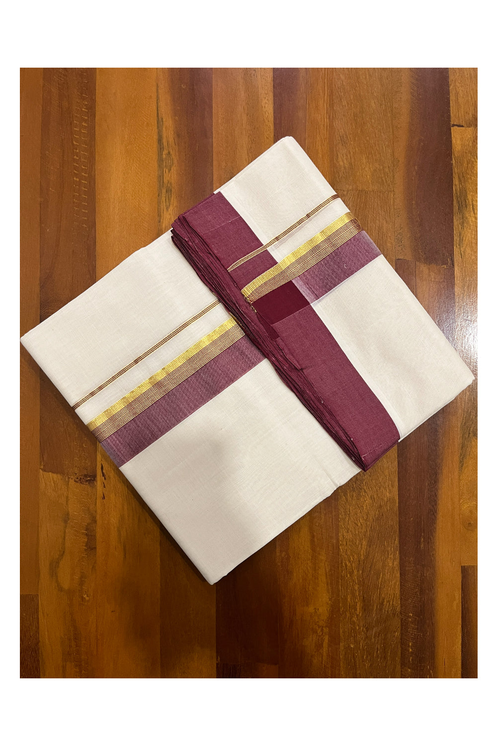 Southloom Premium Balaramapuram Unakkupaavu Handloom Mundu with Maroon and Kasavu Border (South Indian Kerala Dhoti)