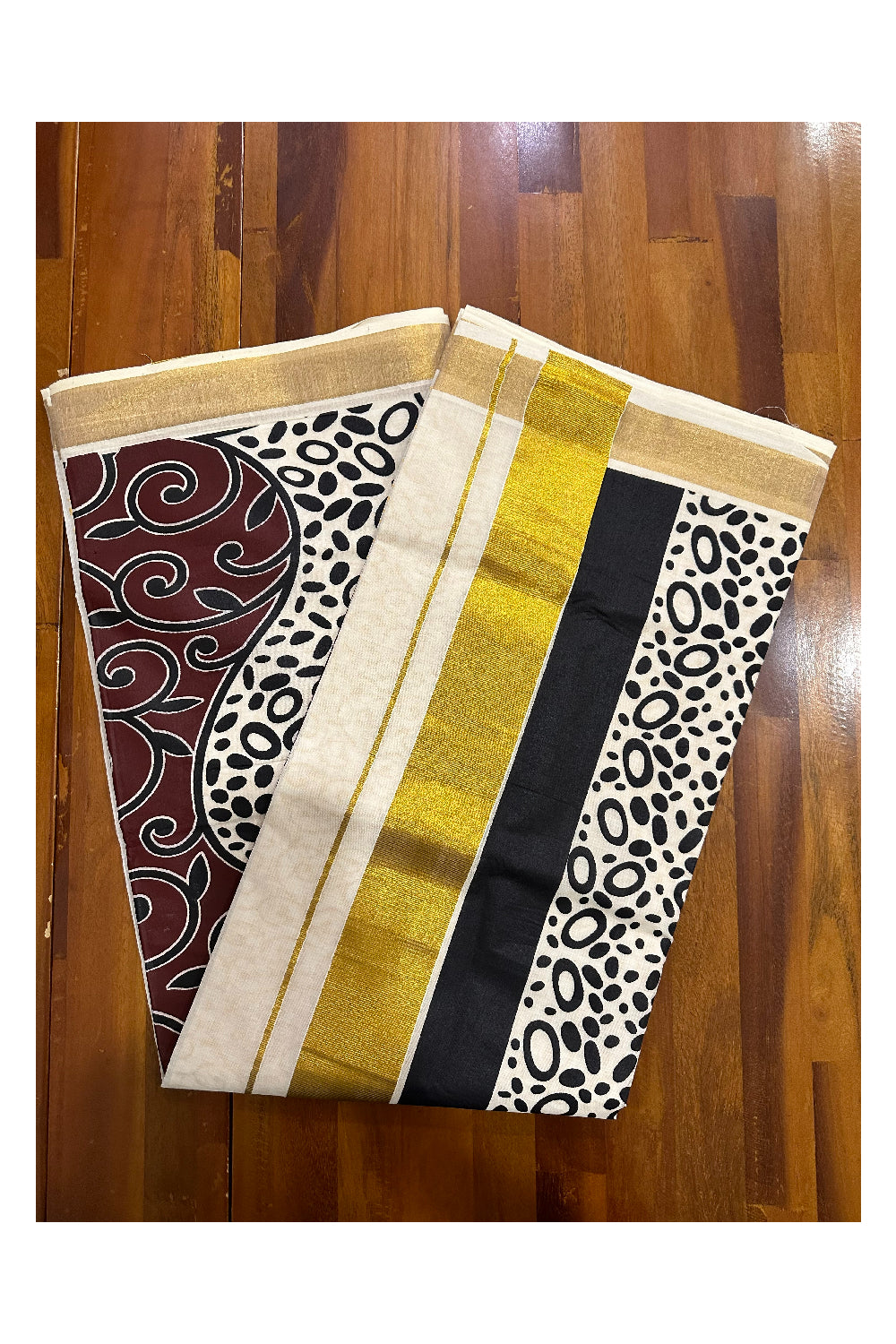 Kerala Cotton Saree with Brown Black Block Prints and Kasavu Border (Onam Saree 2023)