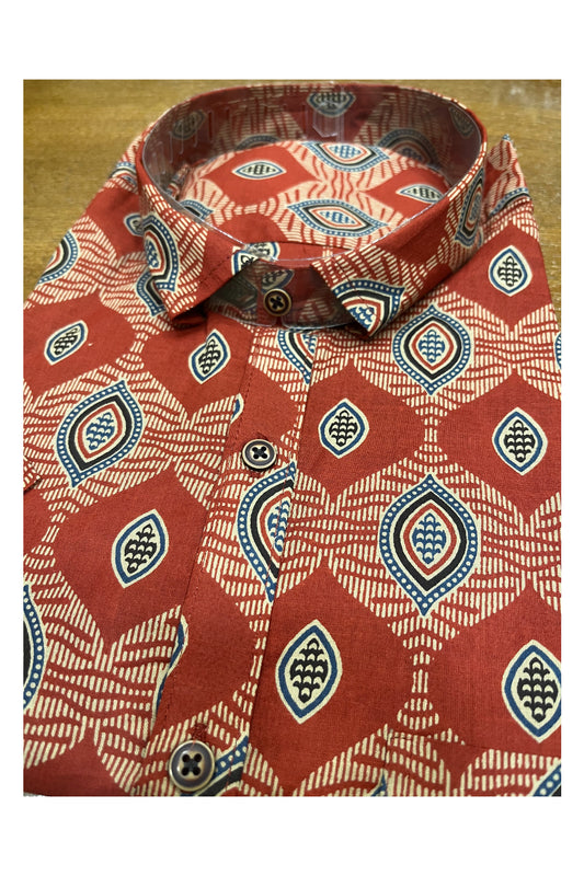 Southloom Jaipur Cotton Red Hand Block Printed Shirt (Half Sleeves)