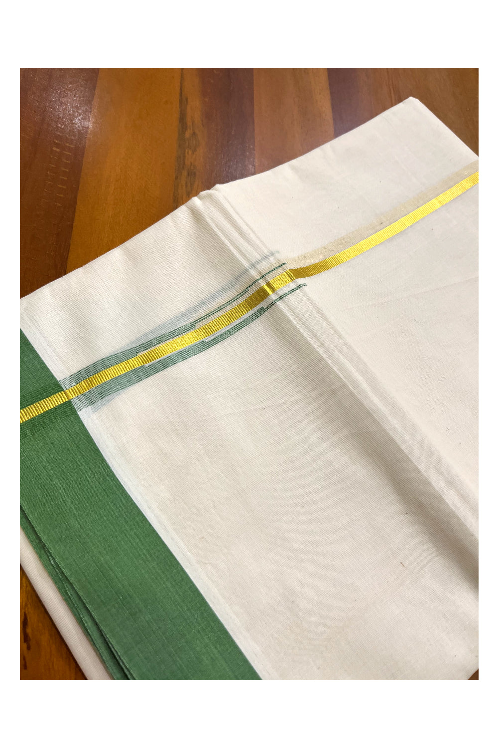 Kerala Pure Cotton Double Mundu with Kasavu Green Chutti Kara (South Indian Kerala Dhoti)