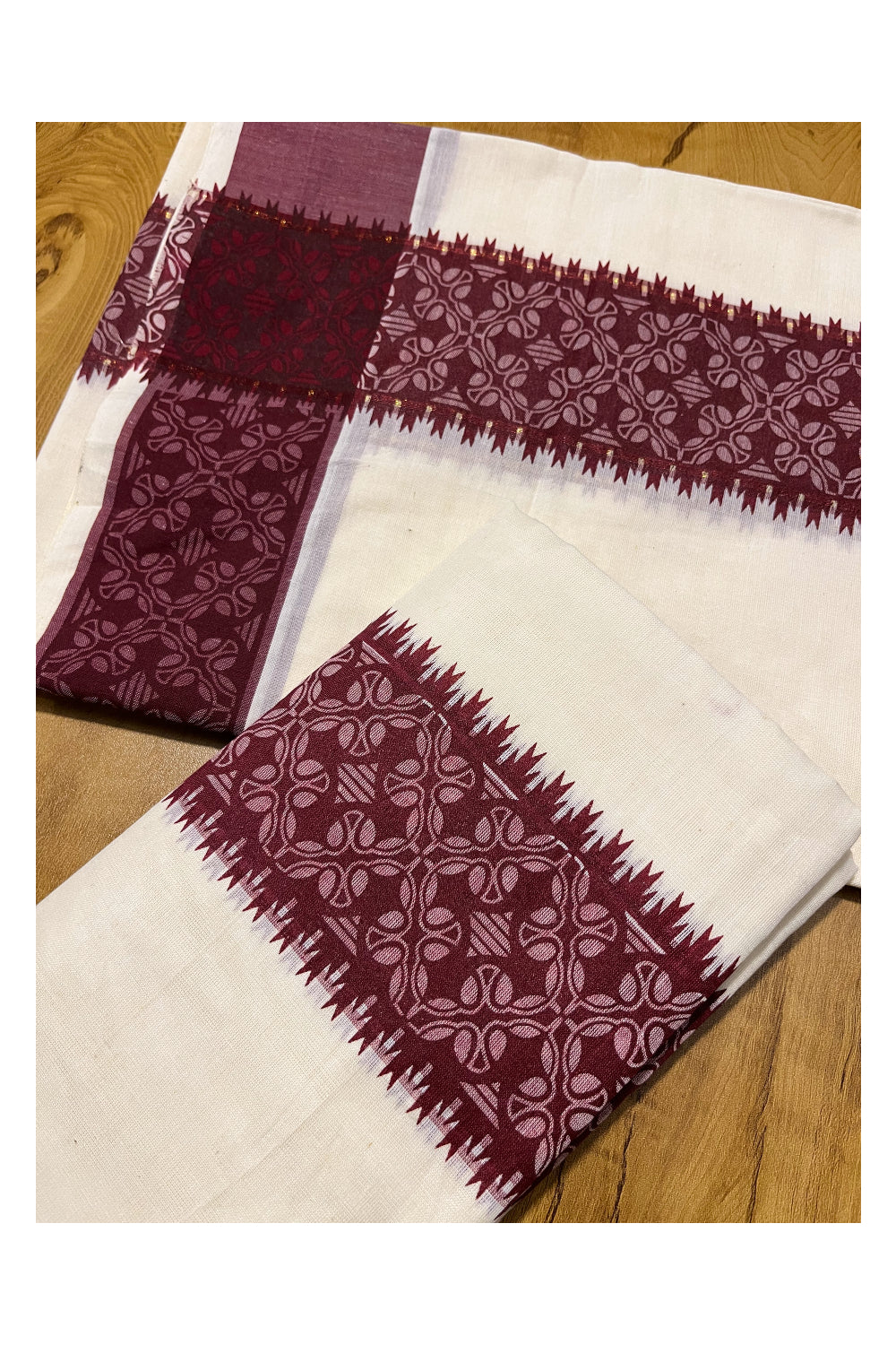 Kerala Cotton Single Set Mundu (Mundum Neriyathum) with Maroon  Block printed Border 2.80 mtr