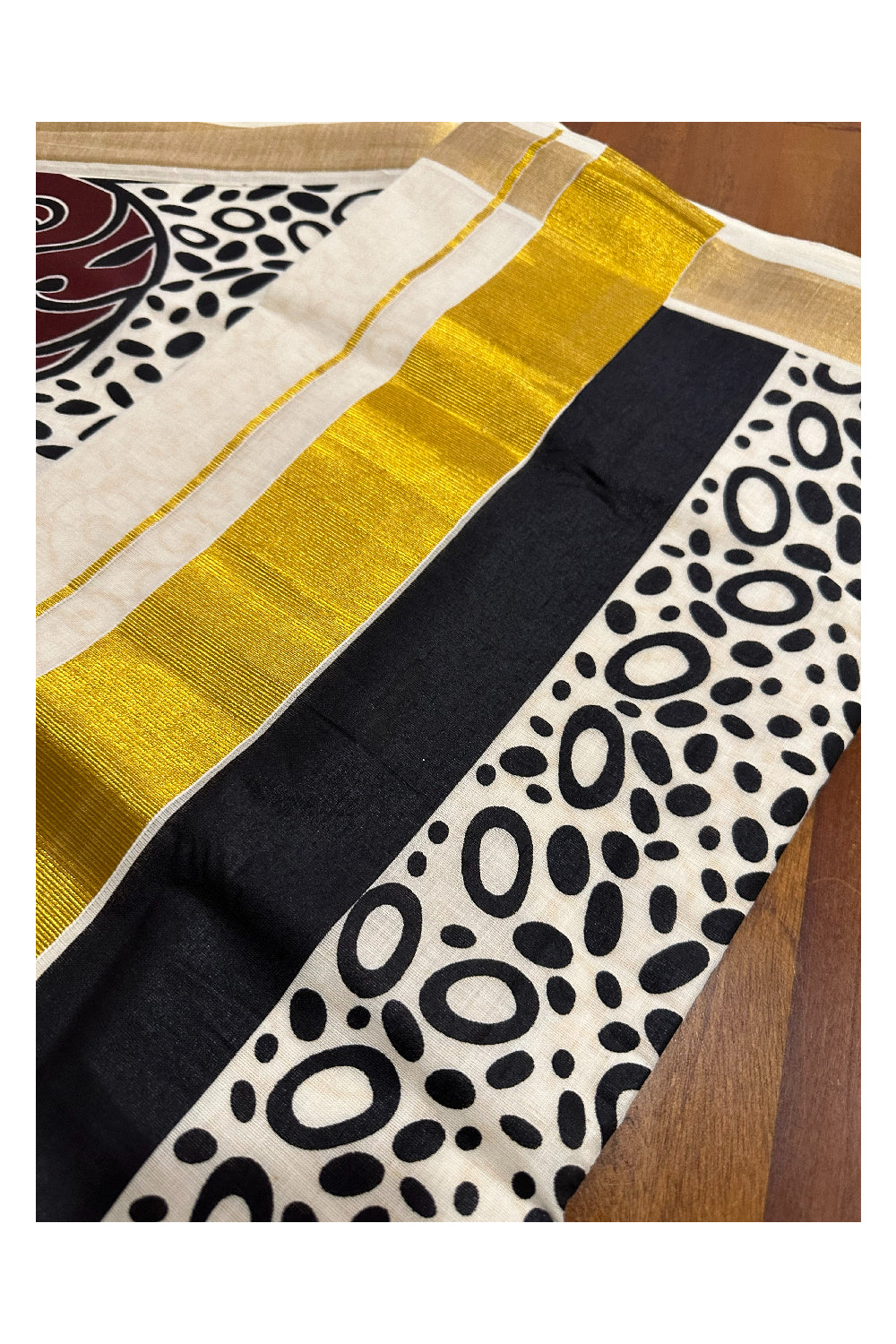 Kerala Cotton Saree with Brown Black Block Prints and Kasavu Border (Onam Saree 2023)