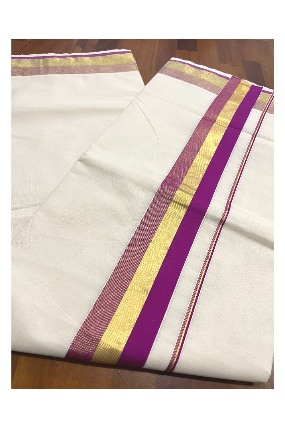 Kerala Pure Cotton Plain Saree with Kasavu and Magenta Border (Onam Saree 2023)