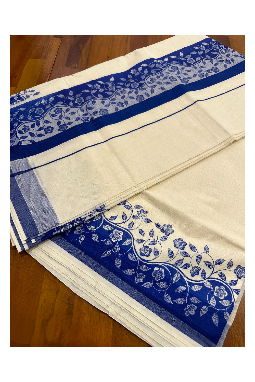 Kerala Cotton Saree with Blue Floral Block Prints on Border (Onam Saree 2023)