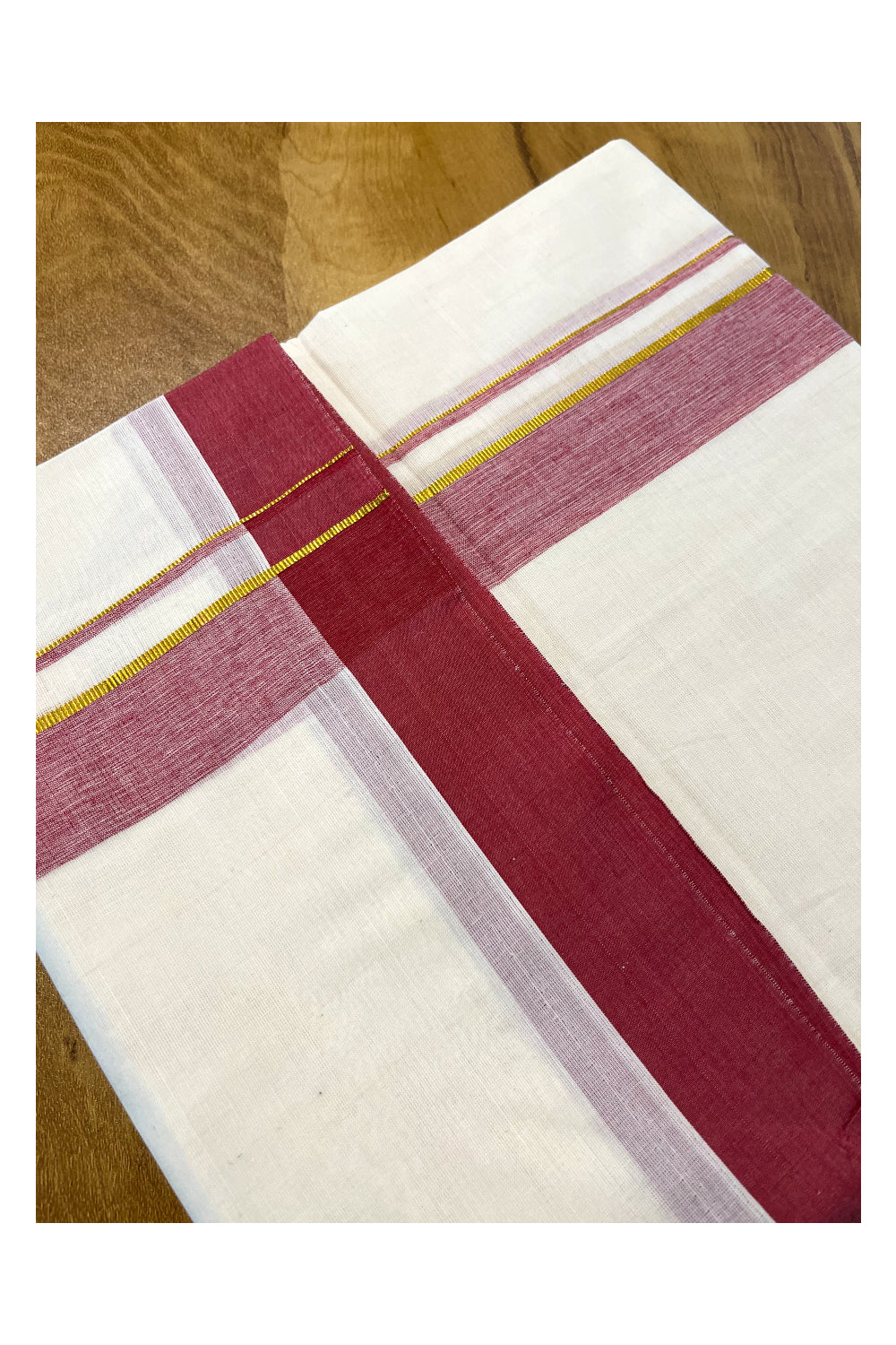 Pure Cotton Off White Double Mundu with Kasavu and Red Kara (South Indian Kerala Dhoti)