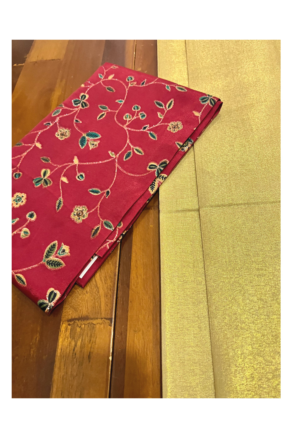 Kerala Tissue Block Printed Pavada and Red Designer Blouse Material for Kids/Girls 4.3 Meters