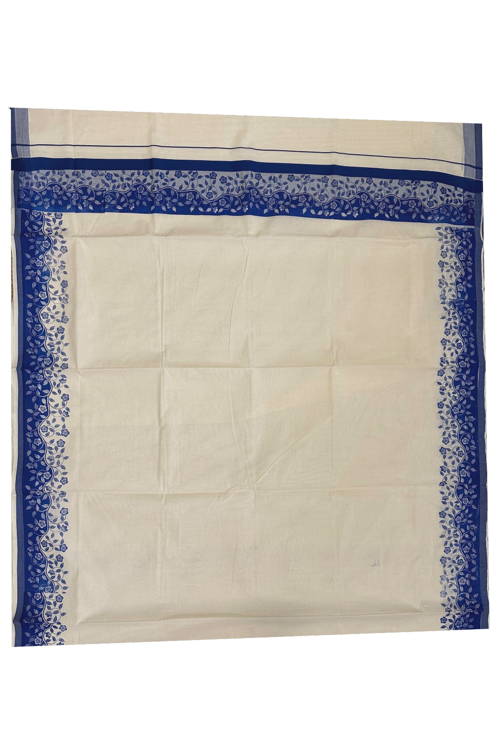 Kerala Cotton Saree with Blue Floral Block Prints on Border (Onam Saree 2023)