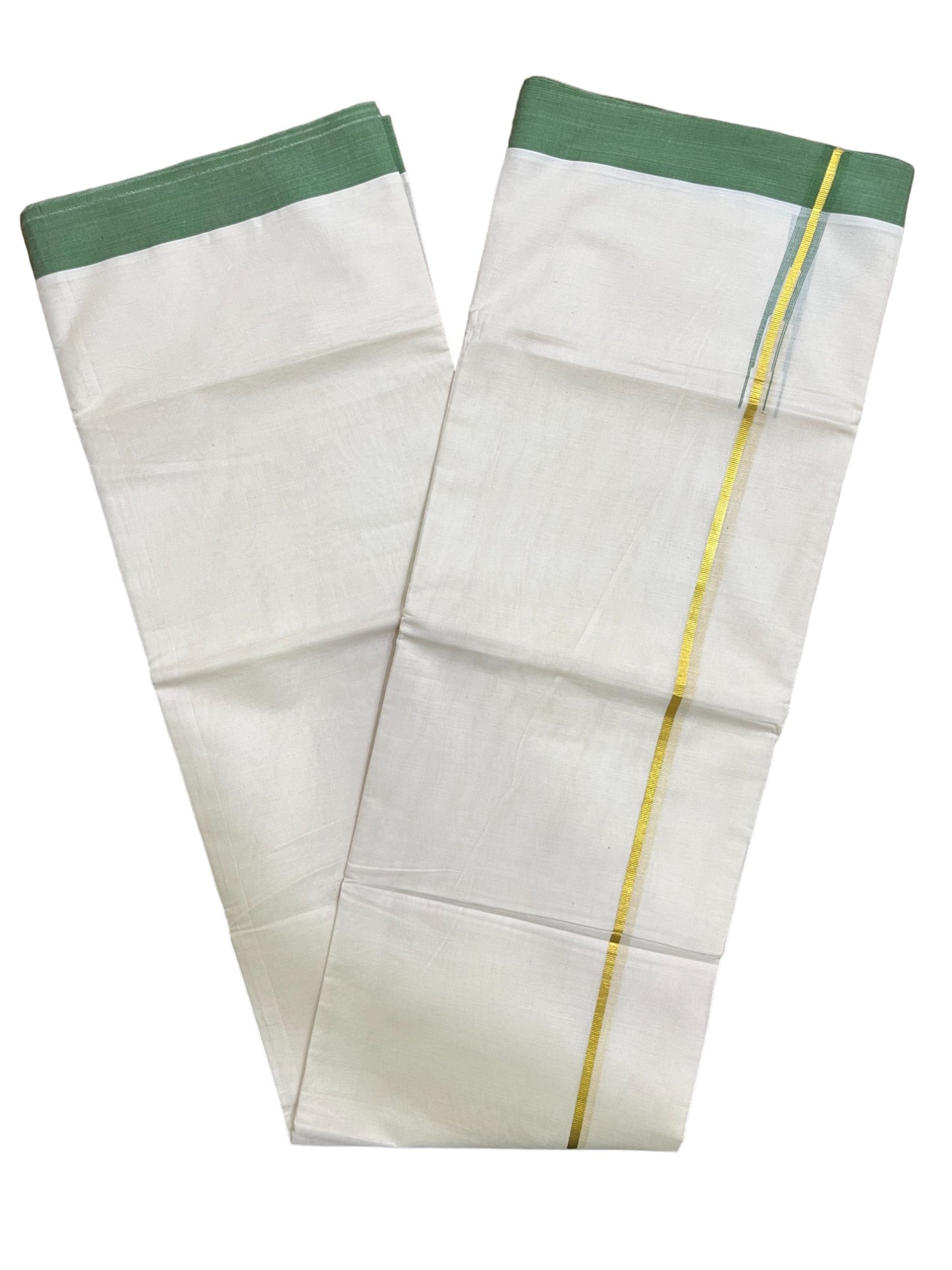 Kerala Pure Cotton Double Mundu with Kasavu Green Chutti Kara (South Indian Kerala Dhoti)