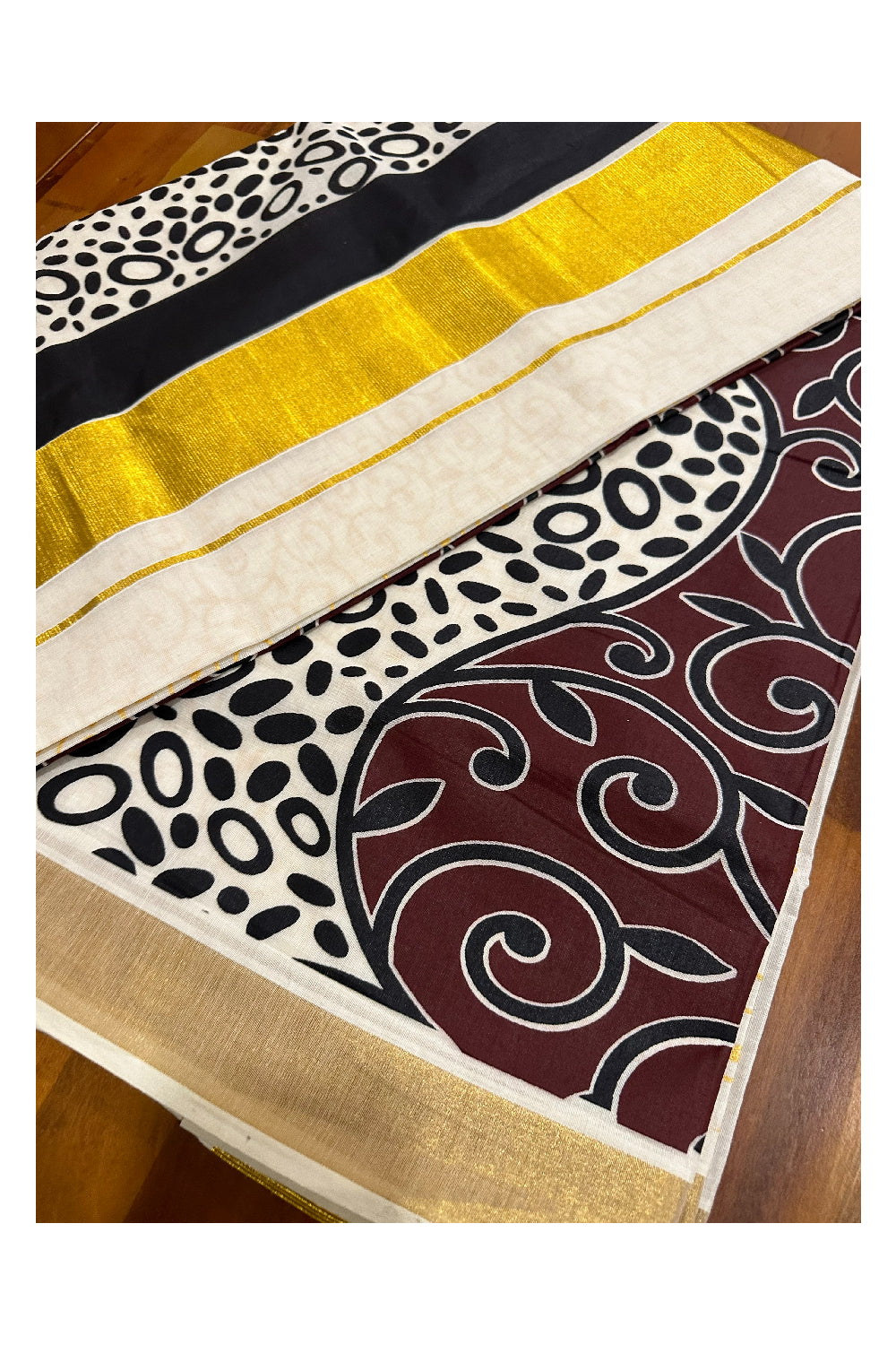 Kerala Cotton Saree with Brown Black Block Prints and Kasavu Border (Onam Saree 2023)