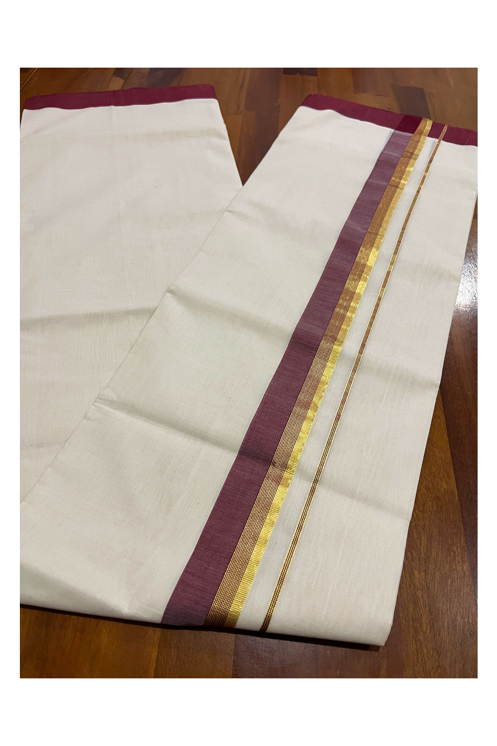 Southloom Premium Balaramapuram Unakkupaavu Handloom Mundu with Maroon and Kasavu Border (South Indian Kerala Dhoti)