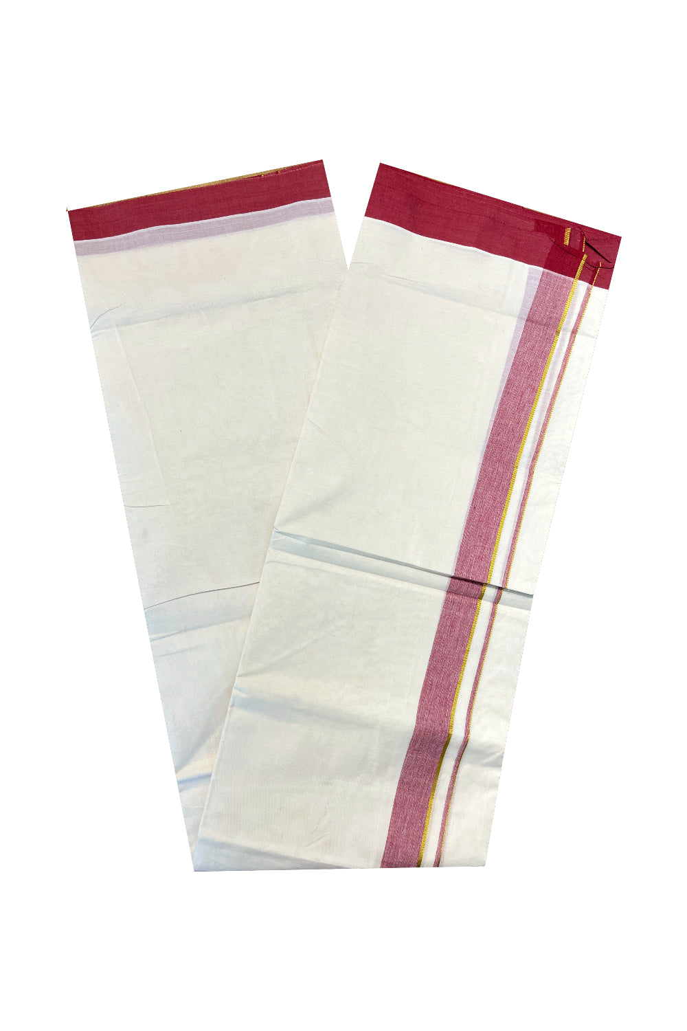 Pure Cotton Off White Double Mundu with Kasavu and Red Kara (South Indian Kerala Dhoti)