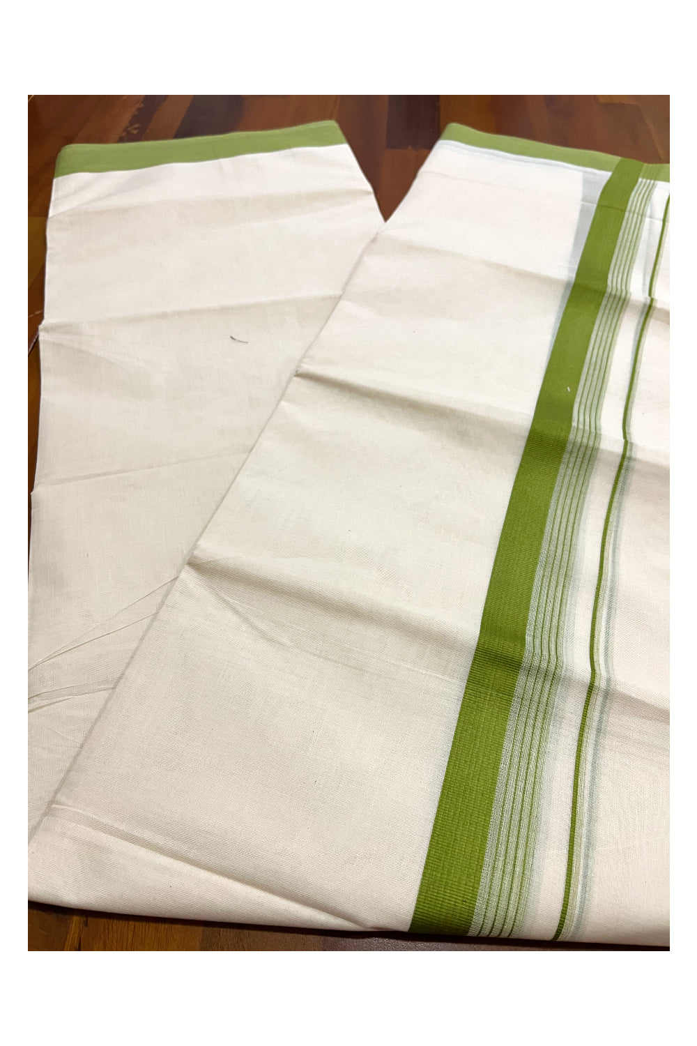 Pure Cotton 100x100 Double Mundu with Green Border (Onam Mundu 2023)