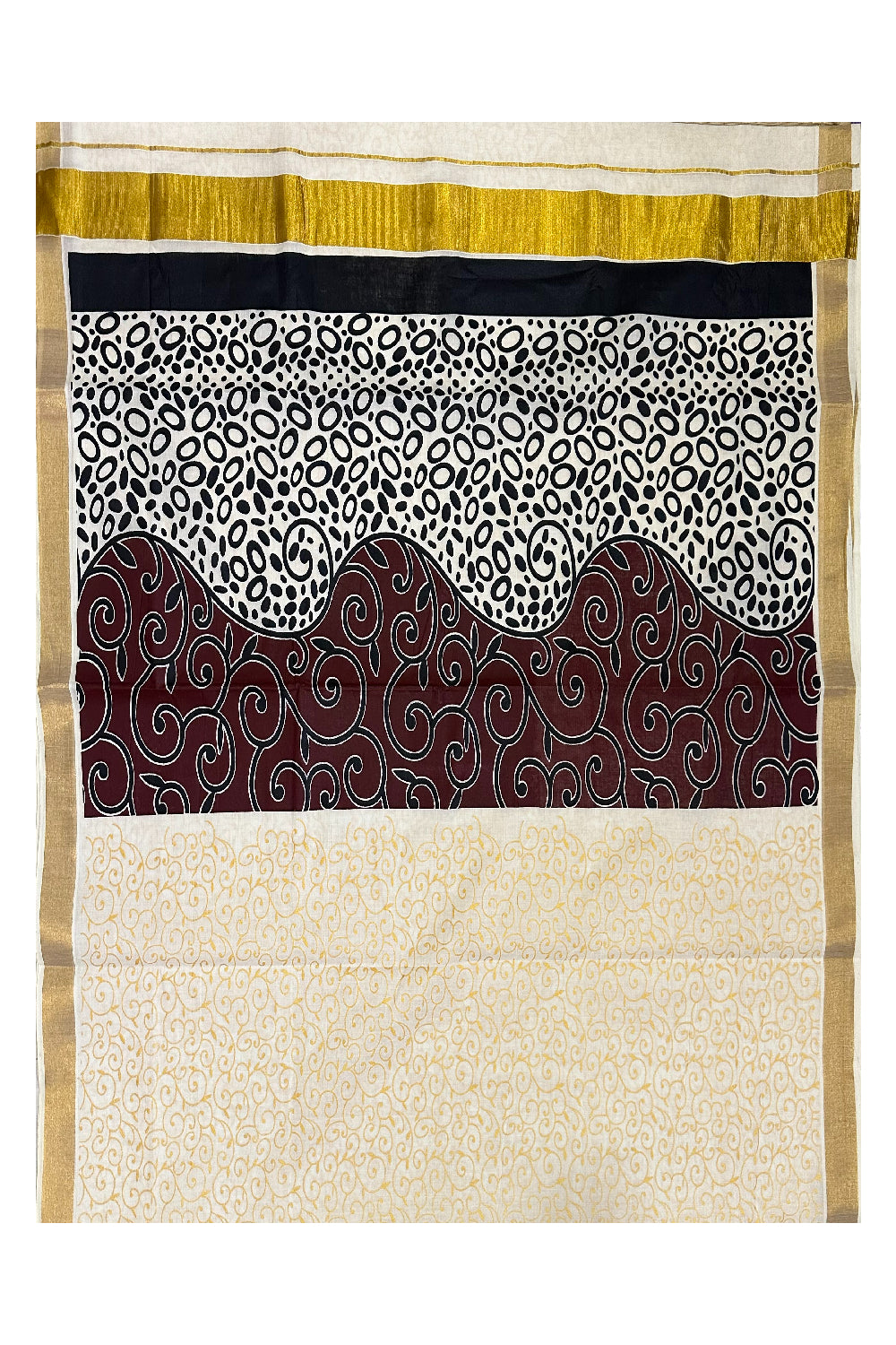 Kerala Cotton Saree with Brown Black Block Prints and Kasavu Border (Onam Saree 2023)