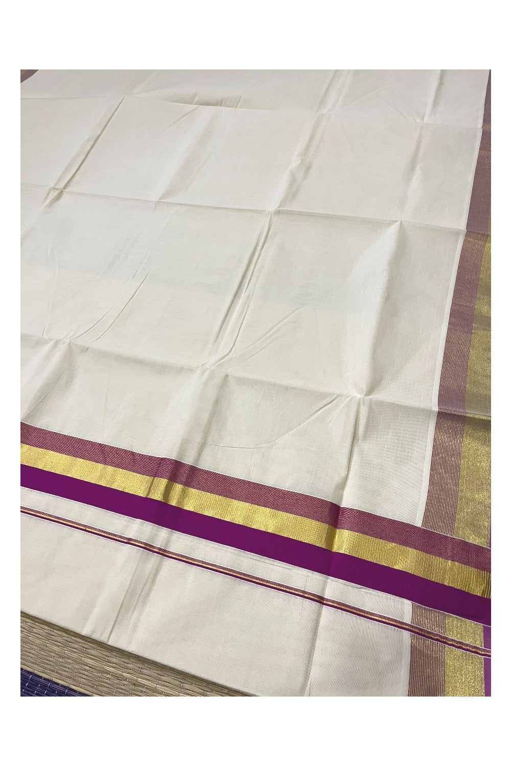 Kerala Pure Cotton Plain Saree with Kasavu and Magenta Border (Onam Saree 2023)