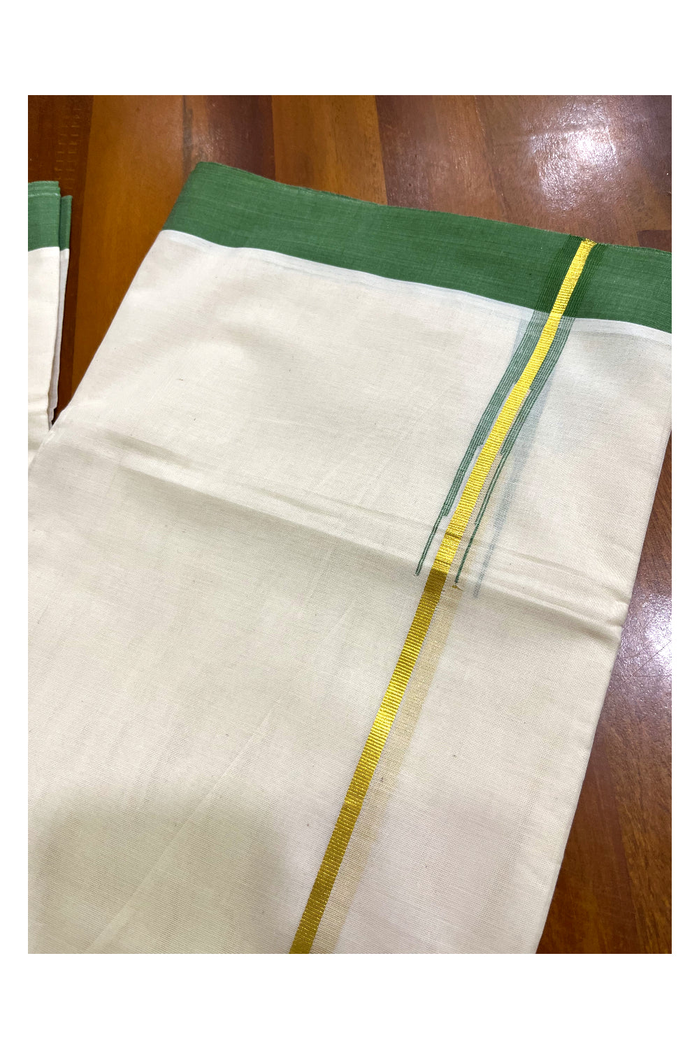 Kerala Pure Cotton Double Mundu with Kasavu Green Chutti Kara (South Indian Kerala Dhoti)