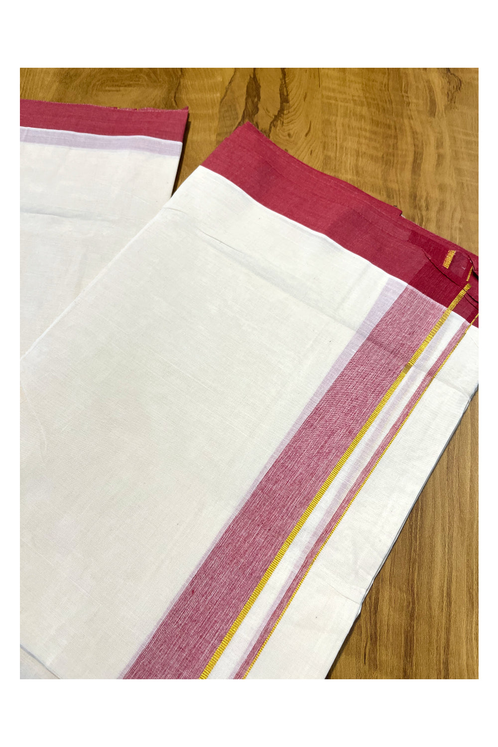 Pure Cotton Off White Double Mundu with Kasavu and Red Kara (South Indian Kerala Dhoti)