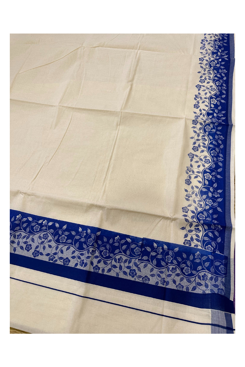 Kerala Cotton Saree with Blue Floral Block Prints on Border (Onam Saree 2023)