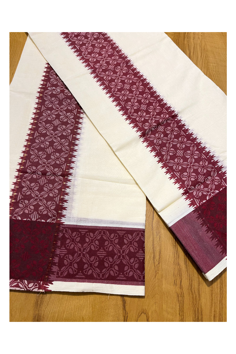 Kerala Cotton Single Set Mundu (Mundum Neriyathum) with Maroon  Block printed Border 2.80 mtr