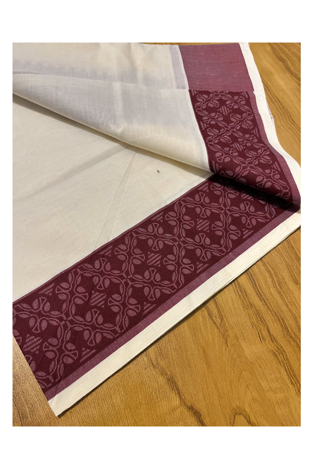 Kerala Cotton Single Set Mundu (Mundum Neriyathum) with Maroon  Block printed Border 2.80 mtr