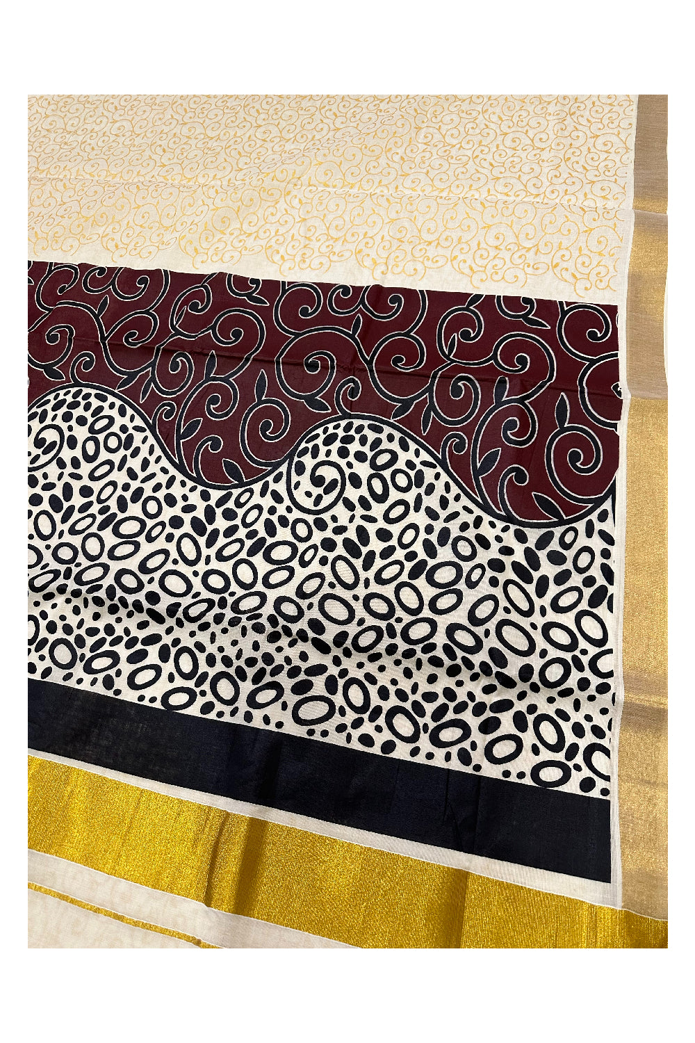 Kerala Cotton Saree with Brown Black Block Prints and Kasavu Border (Onam Saree 2023)