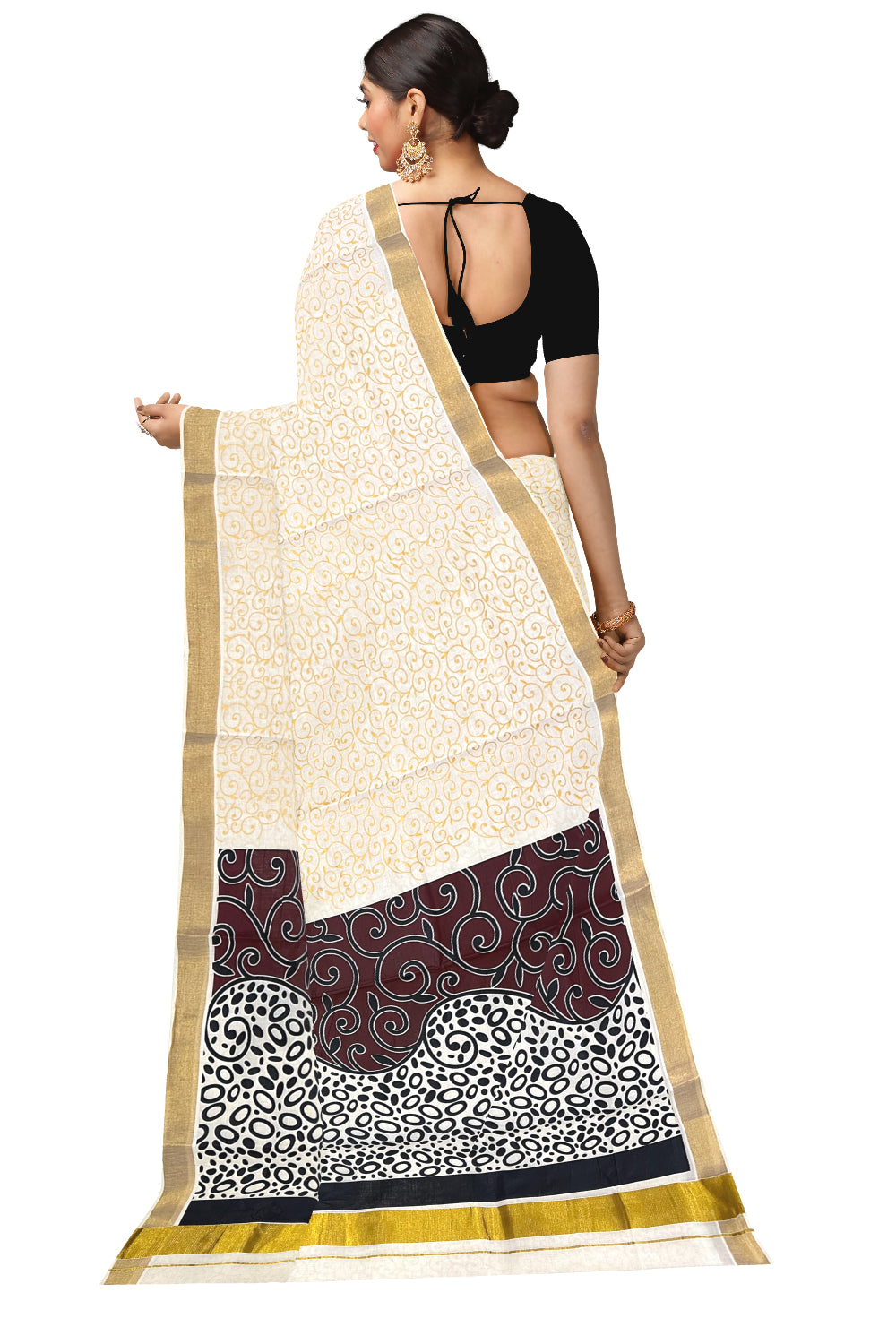 Kerala Cotton Saree with Brown Black Block Prints and Kasavu Border (Onam Saree 2023)