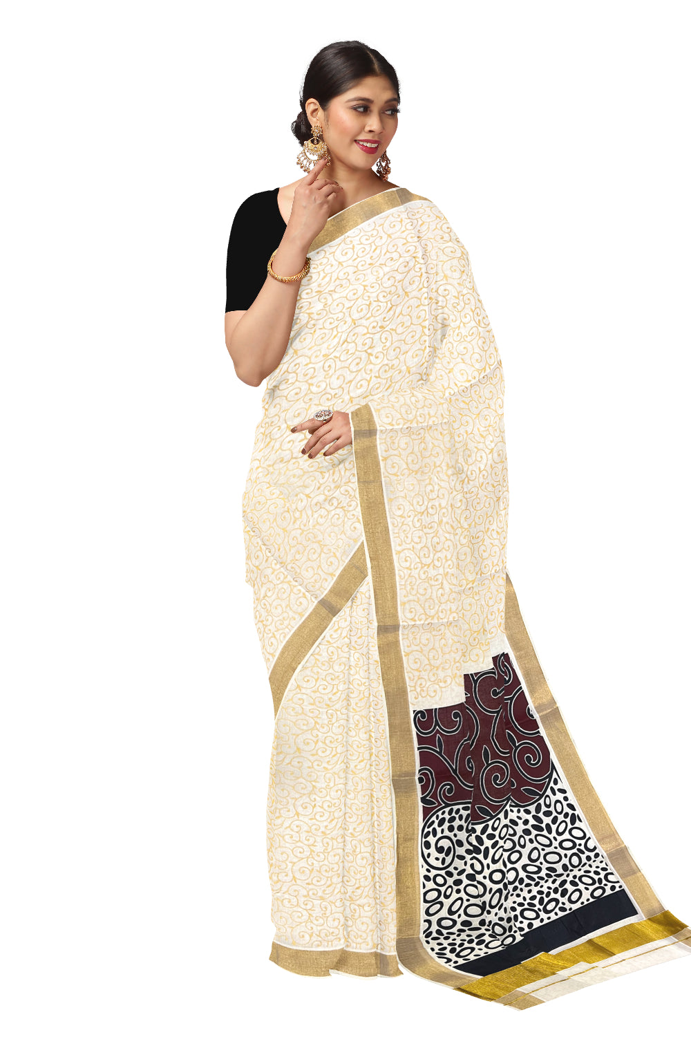 Kerala Cotton Saree with Brown Black Block Prints and Kasavu Border (Onam Saree 2023)