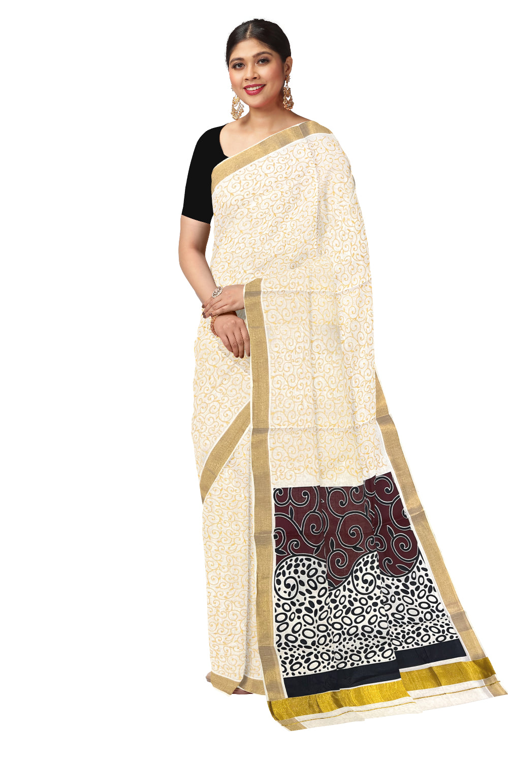 Kerala Cotton Saree with Brown Black Block Prints and Kasavu Border (Onam Saree 2023)