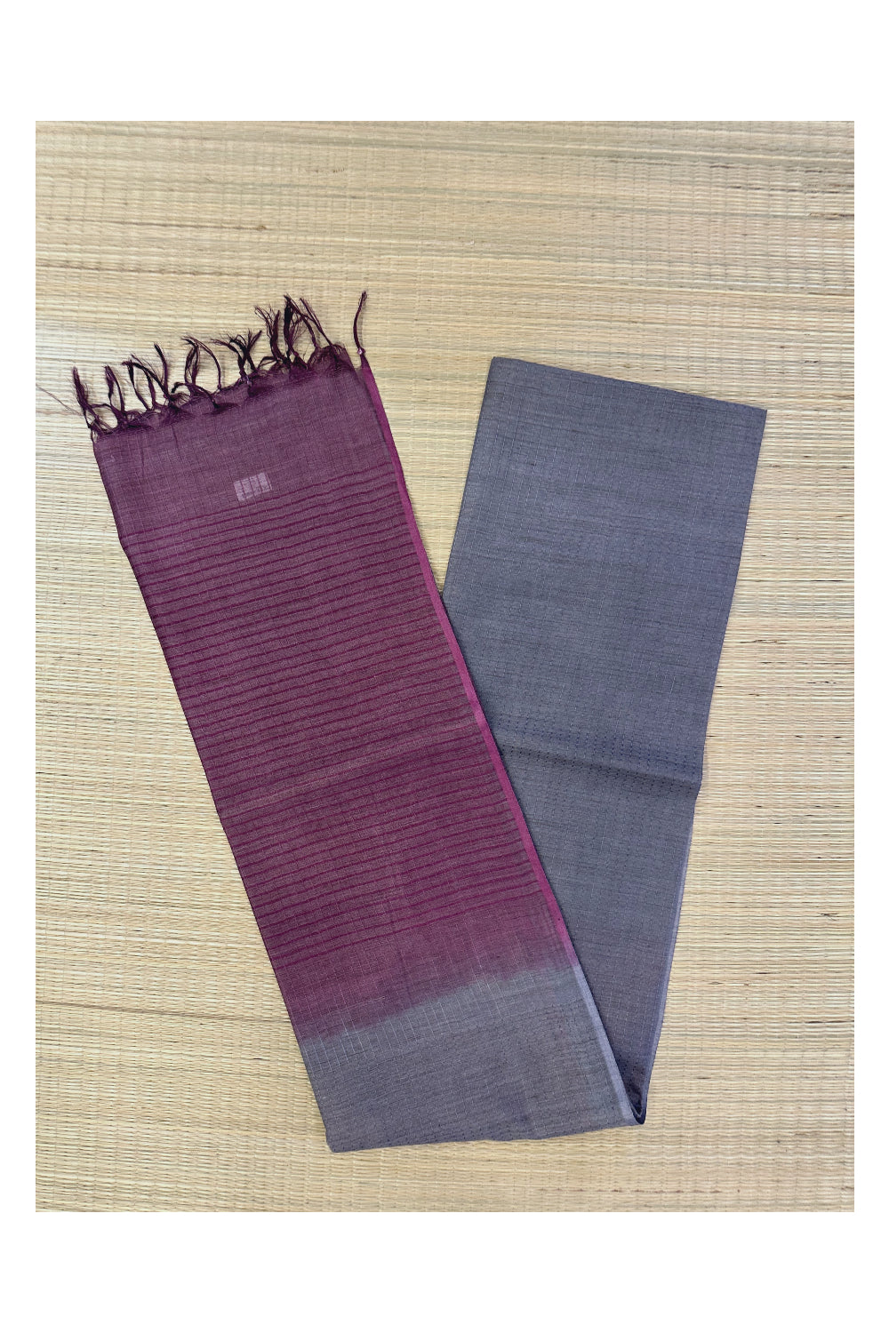 Southloom Tussar Saree with Purple Pallu and Greyish Body