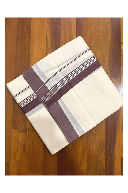 Pure Cotton 100x100 Double Mundu with Silver Kasavu and Brown Border (Onam Mundu 2023)