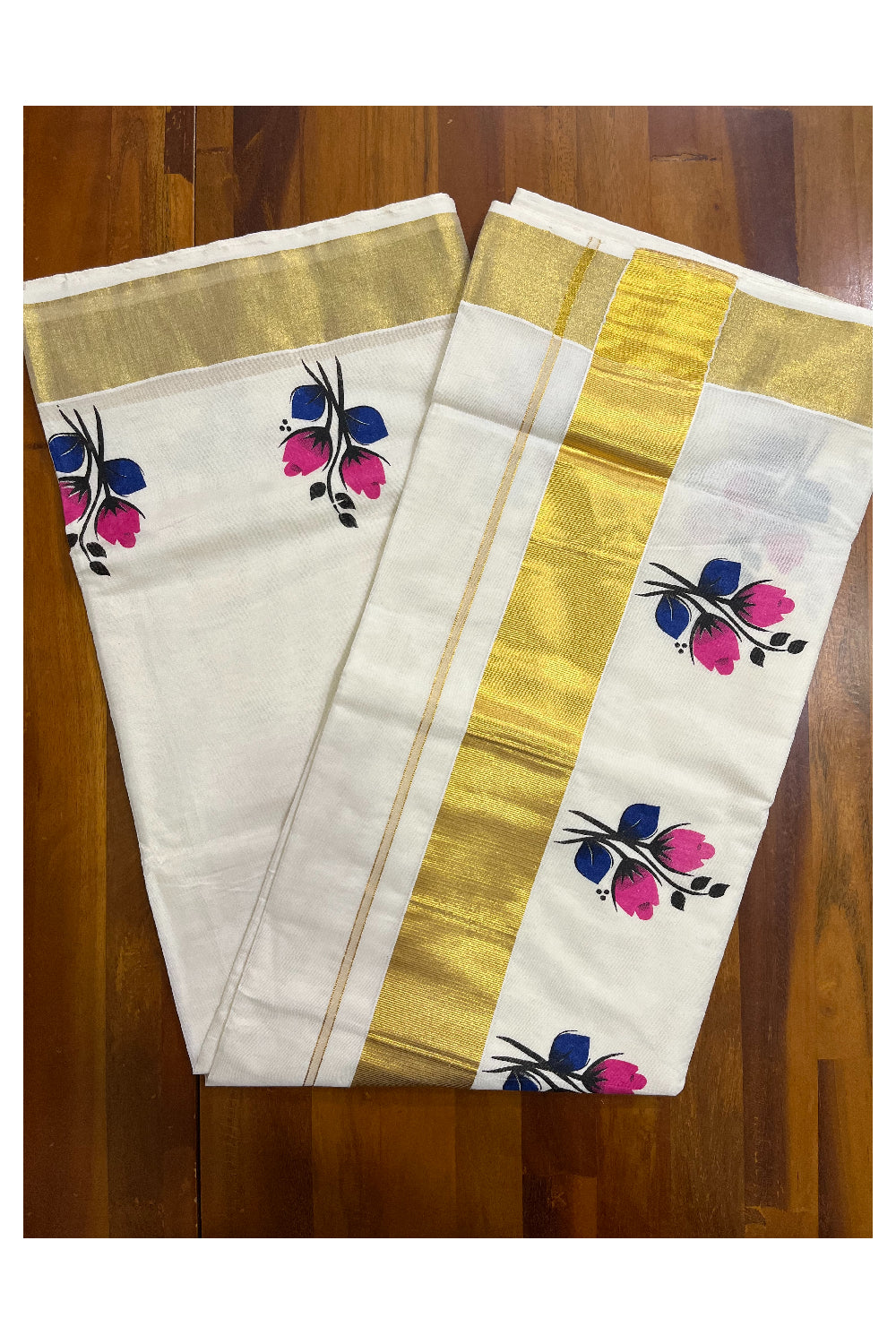 Pure Cotton Kerala Kasavu Saree with Magenta Floral Block Prints with Kasavu Border