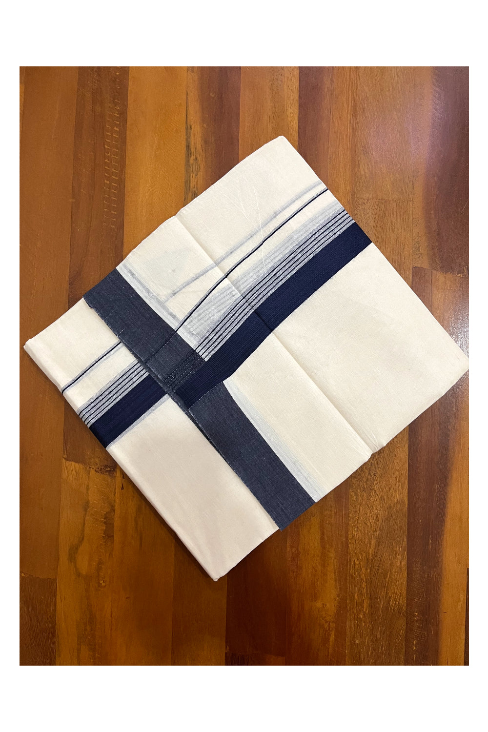 Pure Cotton 100x100 Double Mundu with Navy Blue Border (Onam Mundu 2023)