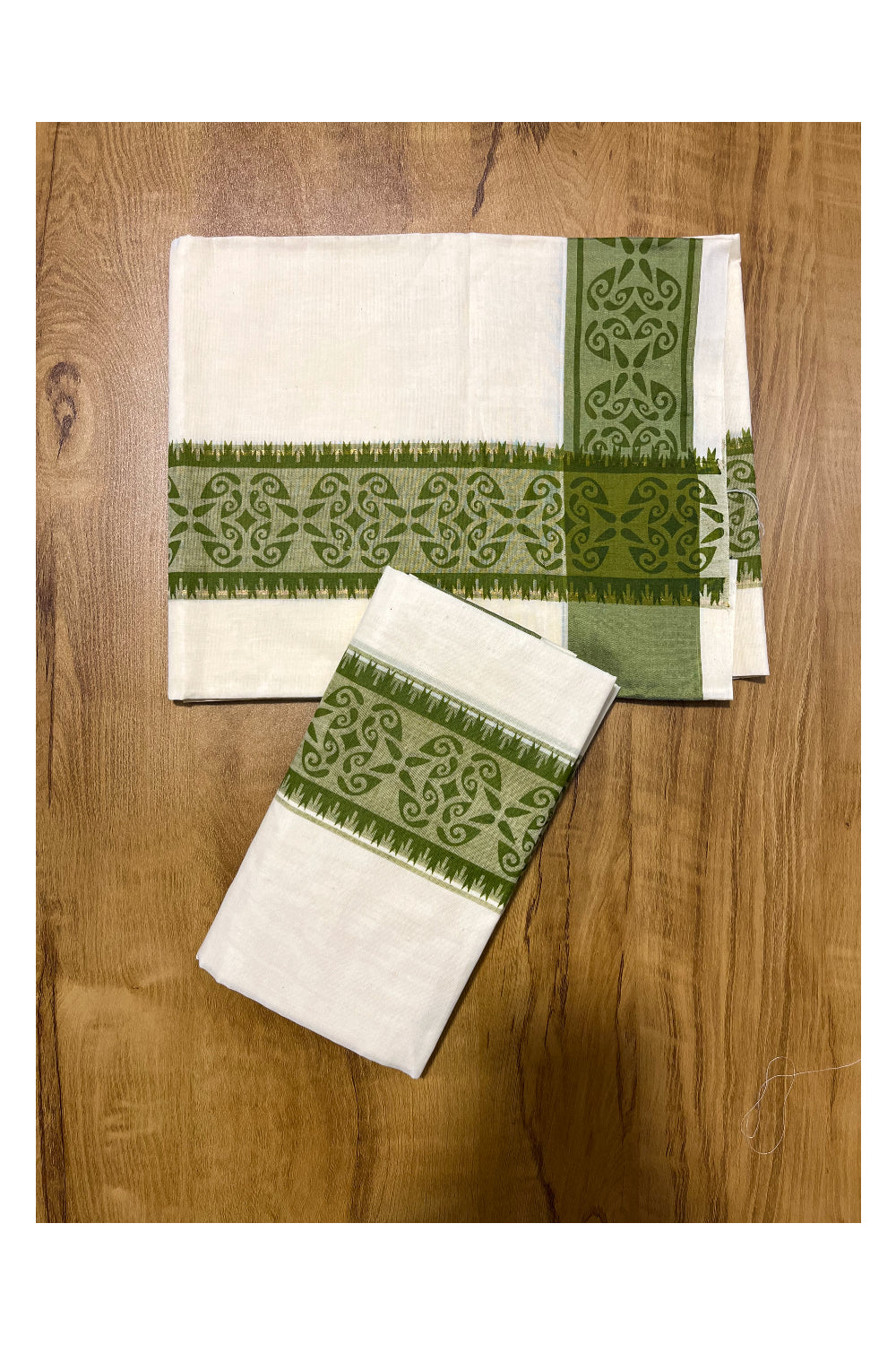 Kerala Cotton Single Set Mundu (Mundum Neriyathum) with Green Block printed Border 2.80 mtr