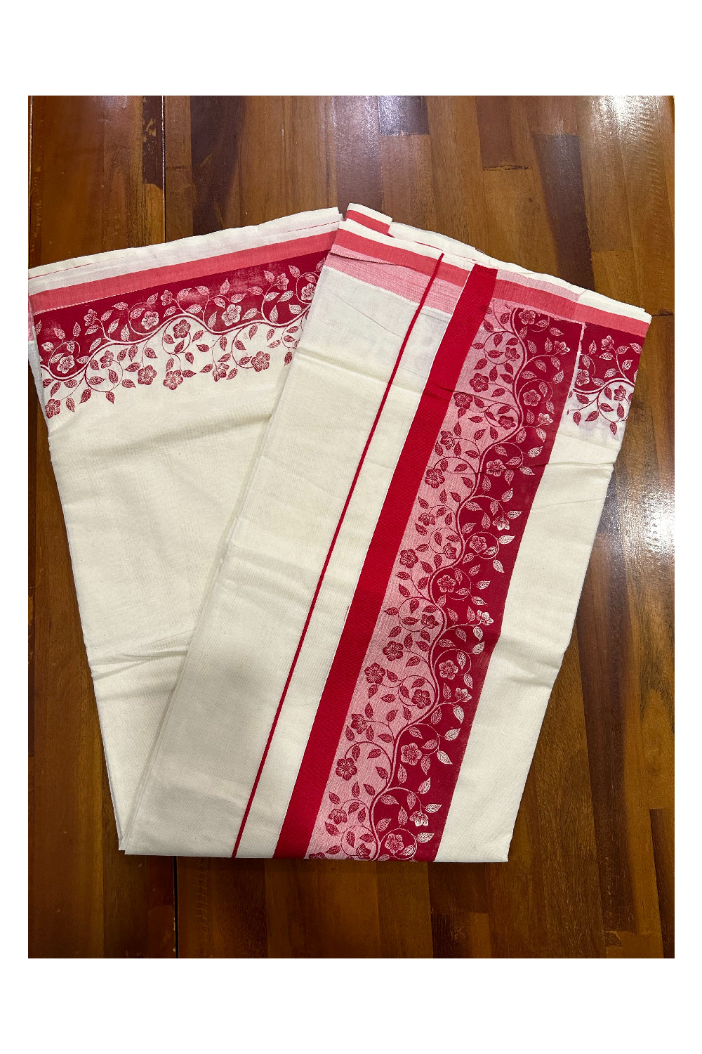 Kerala Cotton Saree with Dark Red Floral Block Prints on Border