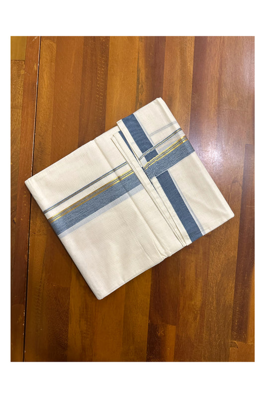 Pure Cotton Double Mundu with Blue and Kasavu Border (South Indian Dhoti)