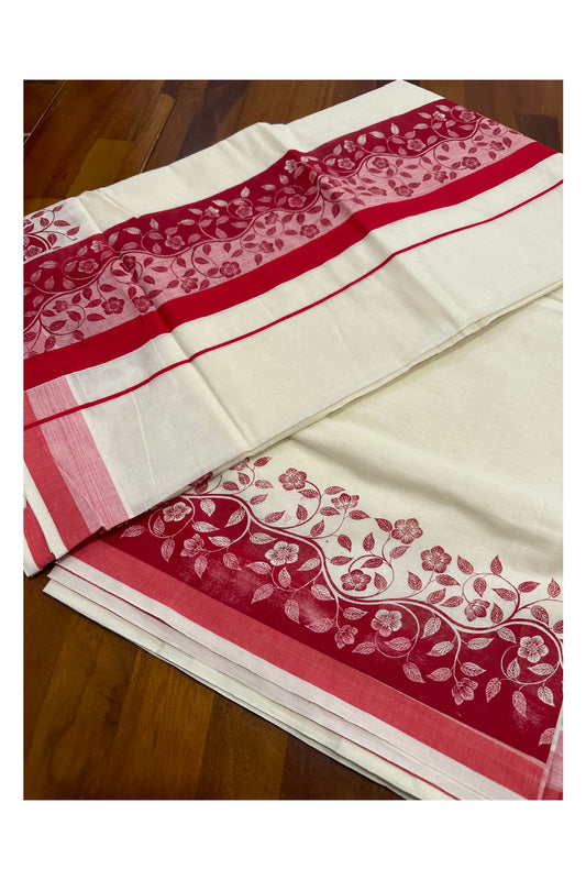 Kerala Cotton Saree with Dark Red Floral Block Prints on Border