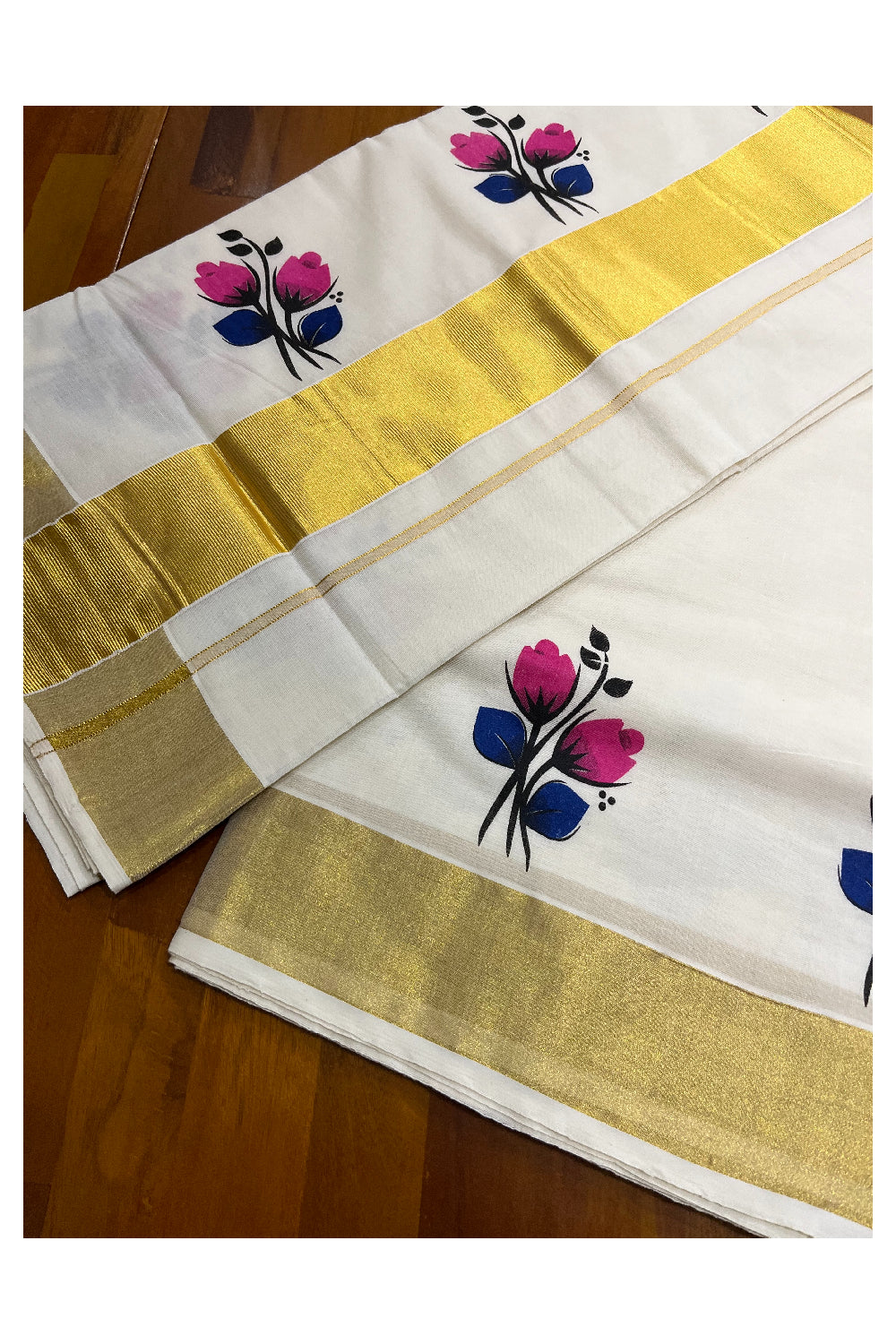 Pure Cotton Kerala Kasavu Saree with Magenta Floral Block Prints with Kasavu Border